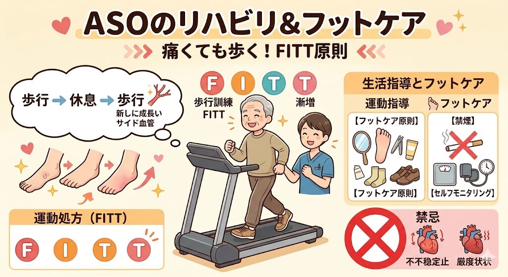 閉塞性動脈硬化症（ASO）のリハビリと禁忌｜運動処方（FITT）とフットケア